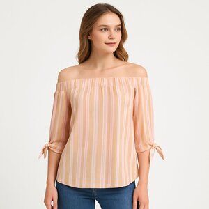 Belle Tweed Pink Striped Off Shoulder Top S Tie Sleeves Boho Y2k Cottagecore